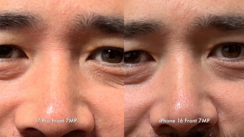 Close-up comparison of the eye and nose area of a man's face taken with two smartphones: the left labeled "17 Pro Front 7MP" and the right labeled "iPhone 16 Front 7MP.