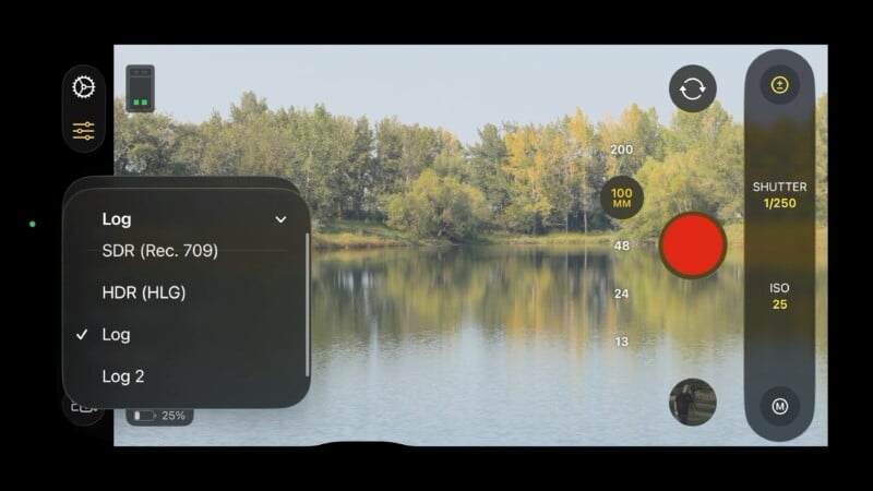 Smartphone camera interface displaying a scenic lake with trees in the background, featuring camera settings for ISO, shutter speed, white balance, and a log showing "SDR (Rec.709)" active.